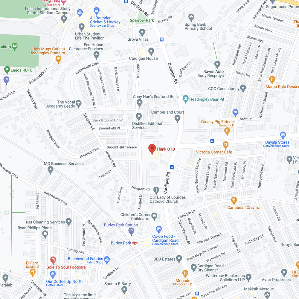 Google map pin location of ThinkOTB marketing agency in Leeds