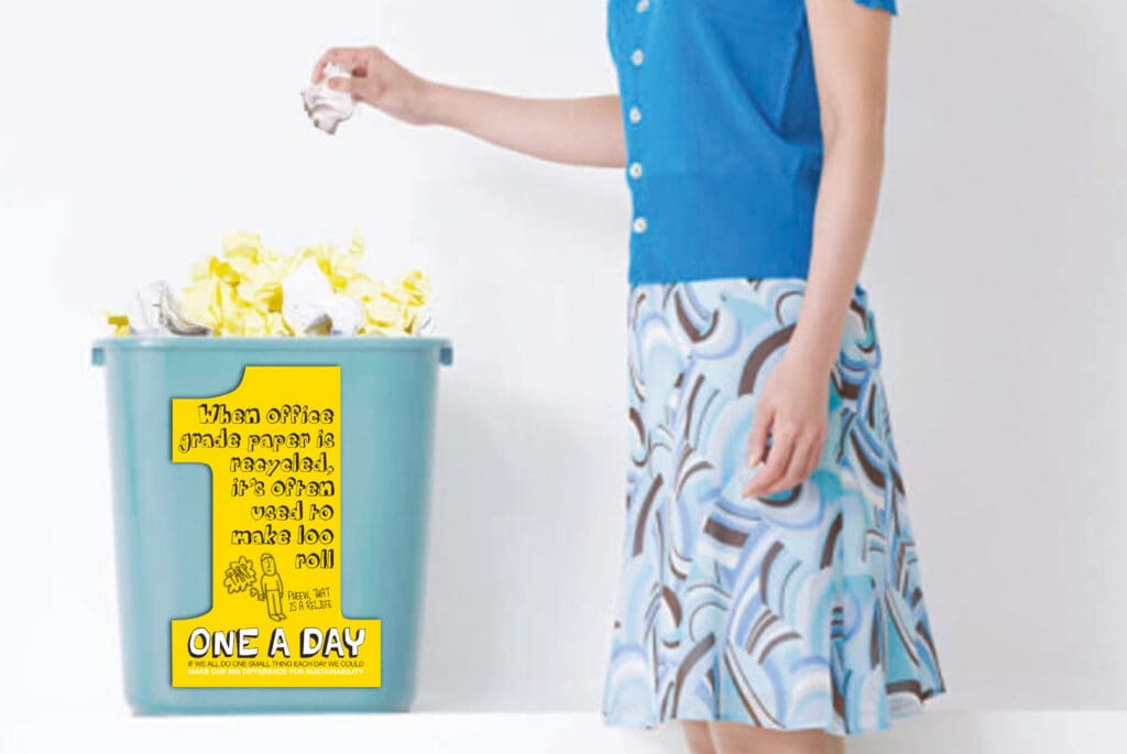 internal comms campaign messaging on a recycling bin