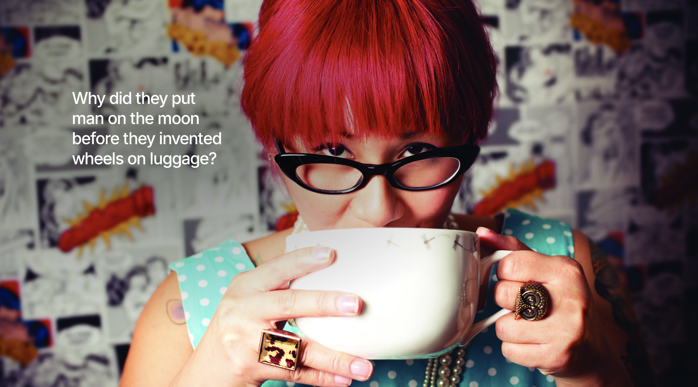 woman with red hair sipping from an oversized mug